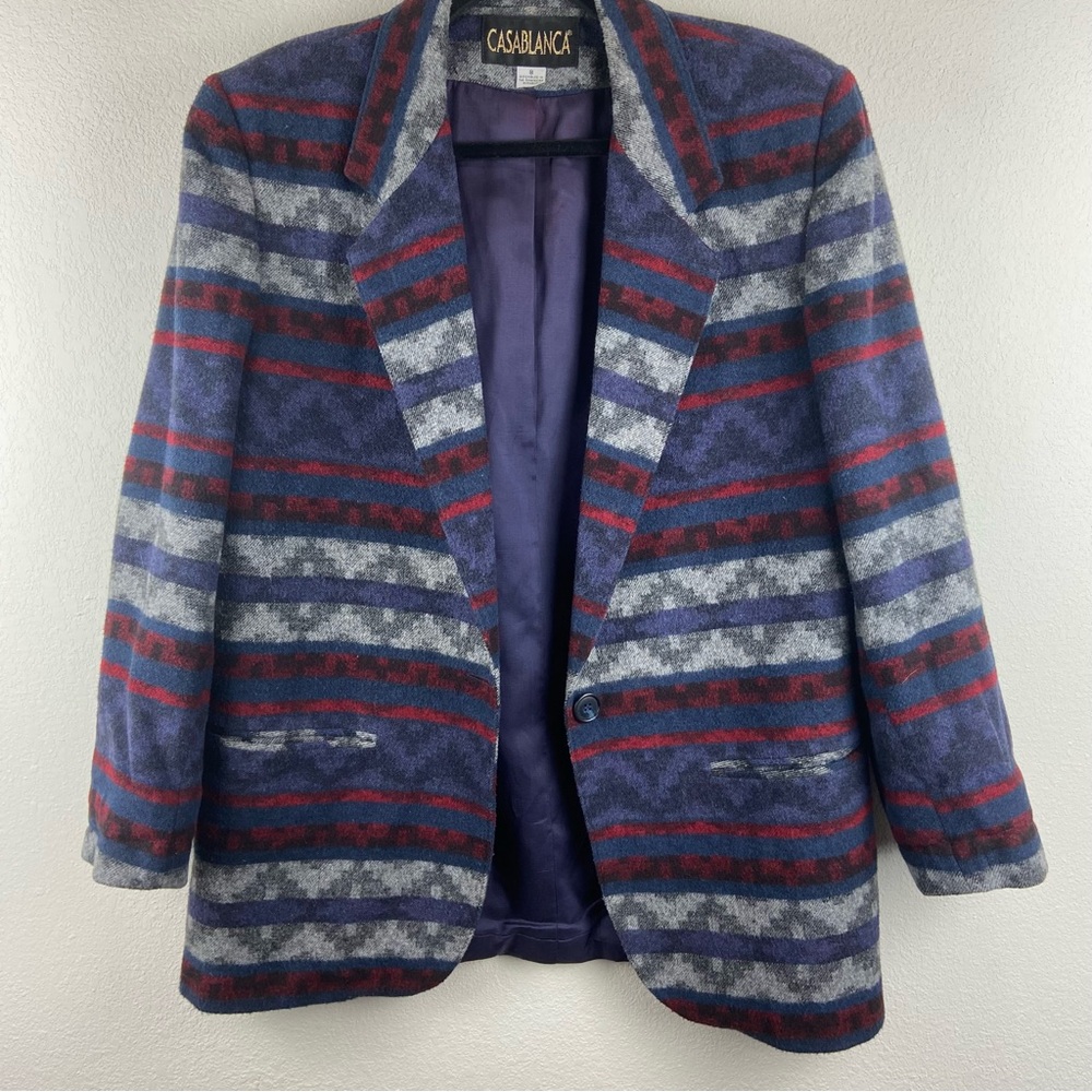 Casablanca Vintage Southwestern Aztec Blue Gray Blazer Jacket Size 8